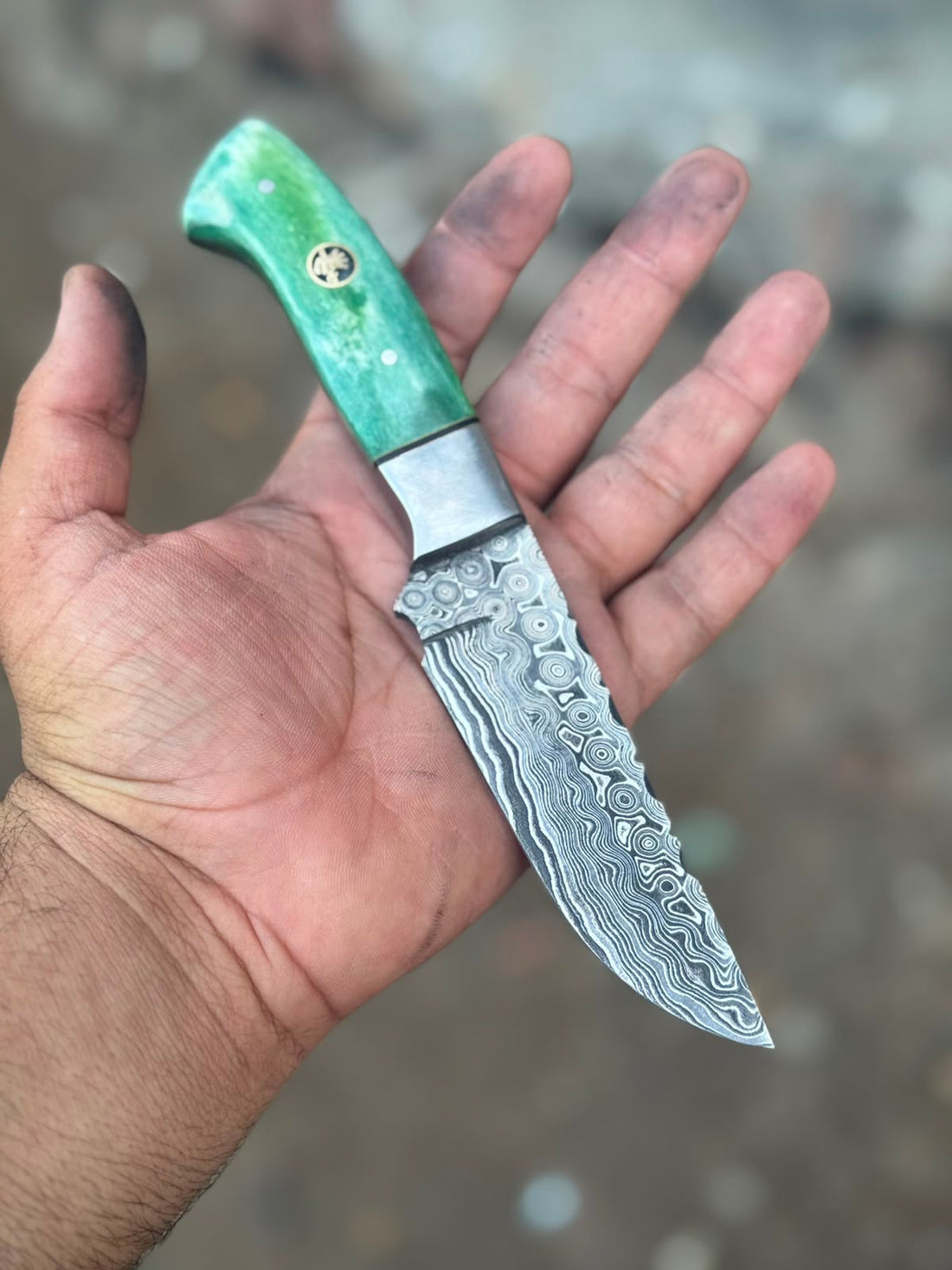Green Damascus Drop Point Hunter with Mosaic Ricasso Pattern