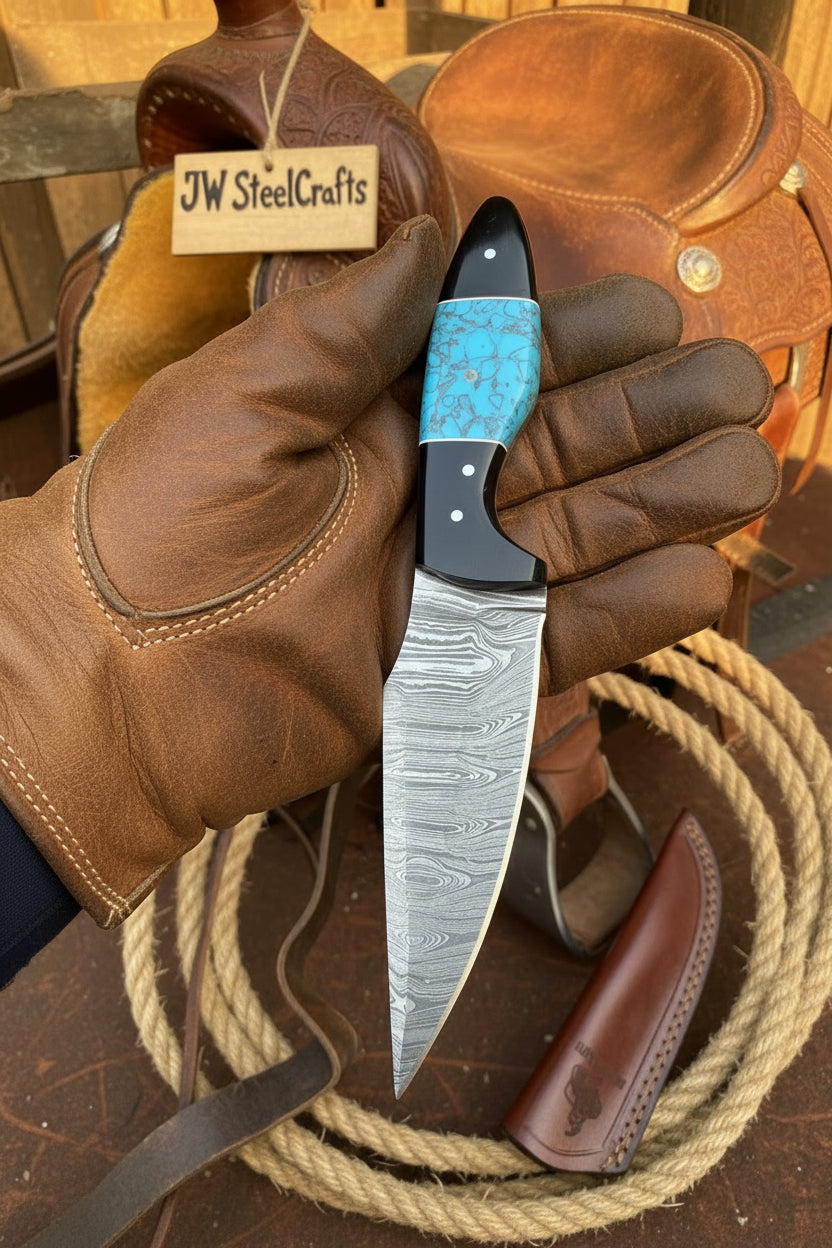 Handmade Damascus Skinner 7”–8” Knife Set Cowboy Ranch Blades Turquoise Handle with Sheath