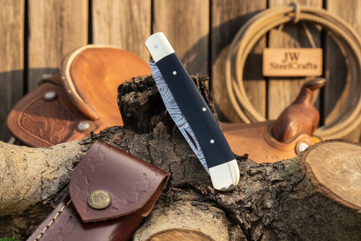 Executive Slipjoint Damascus Folder with Black Resin Handle