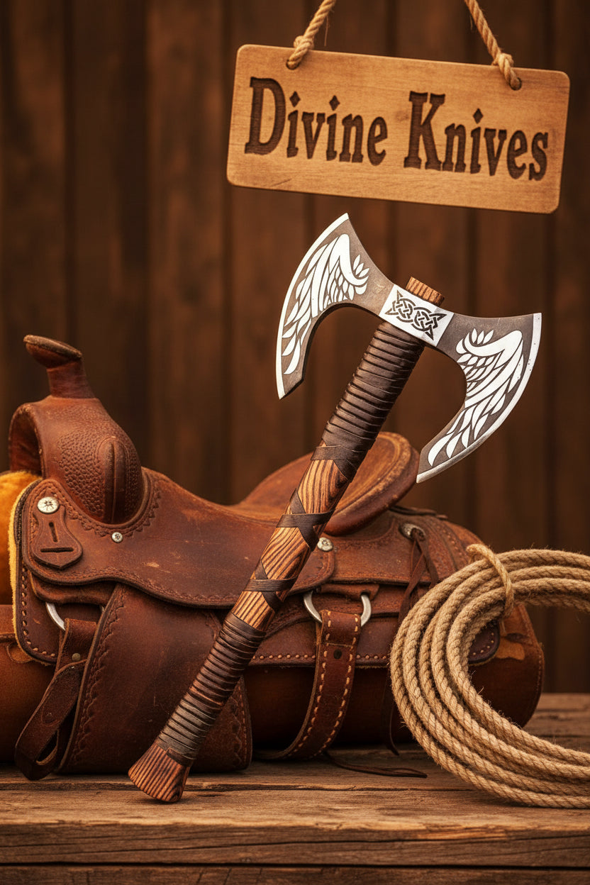 Engraved Viking Wing Axe with Leather-Wrapped Handle