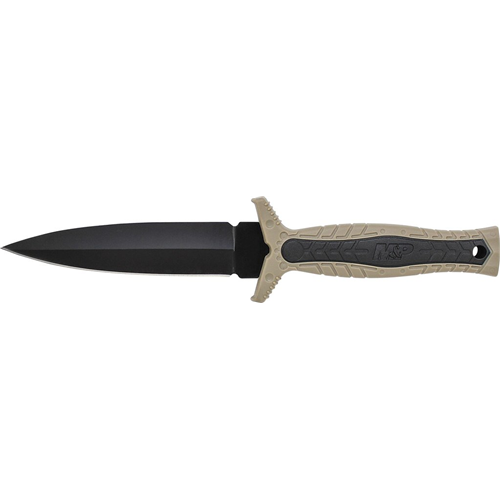 M&amp;P Fixed Blade Boot Knife, Spear Point False Edge Blade, Rubberized Handle w/Brown Rubber Insert