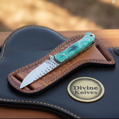 Mint Green Swirl Resin Rasp Cowboy Knife with Rasp-Style Blade