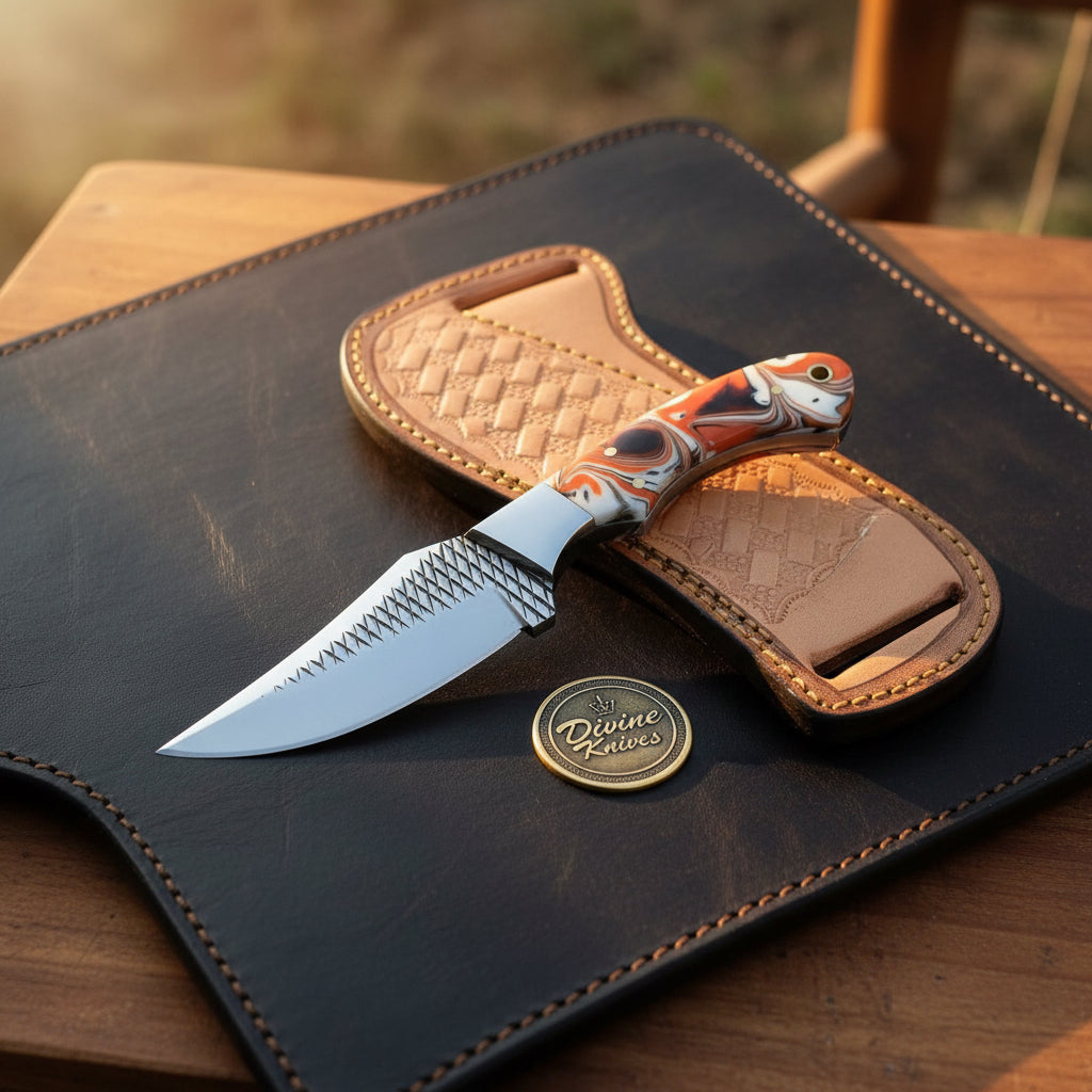 Orange Marble Resin Cowboy Belt Knife with Rasp-Style Blade