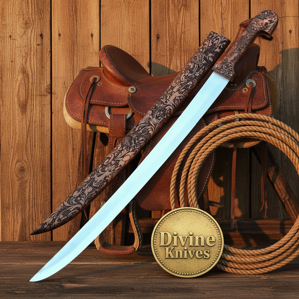 Bone Handle Damascus Knife with Handcrafted Tooled Sheath
