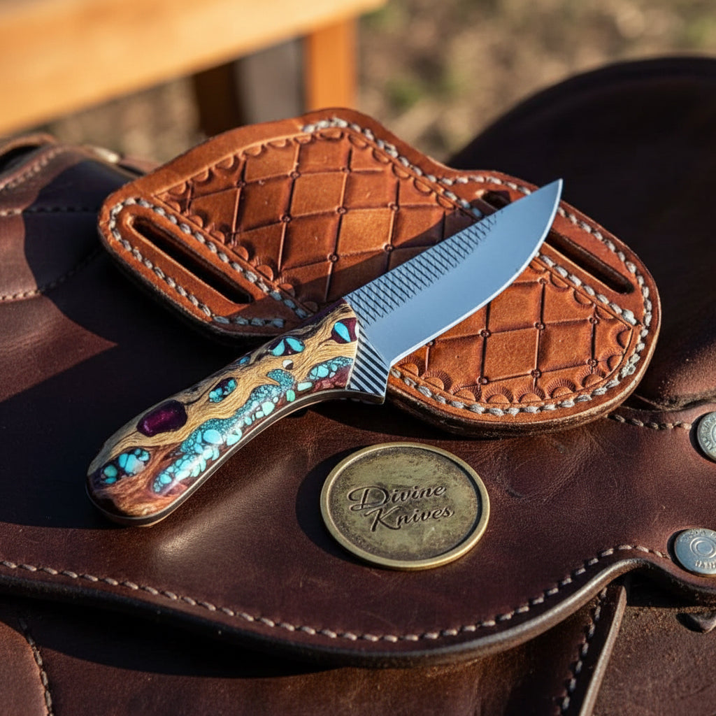 Cholla Cactus Rasp Cowboy Knife with Turquoise Handle