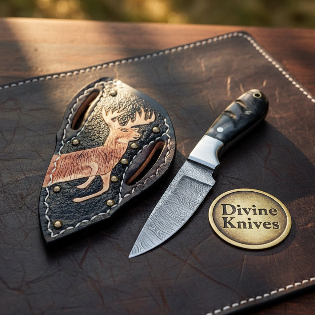 Buffalo Horn Damascus Mini Hunter with Marbled Handle