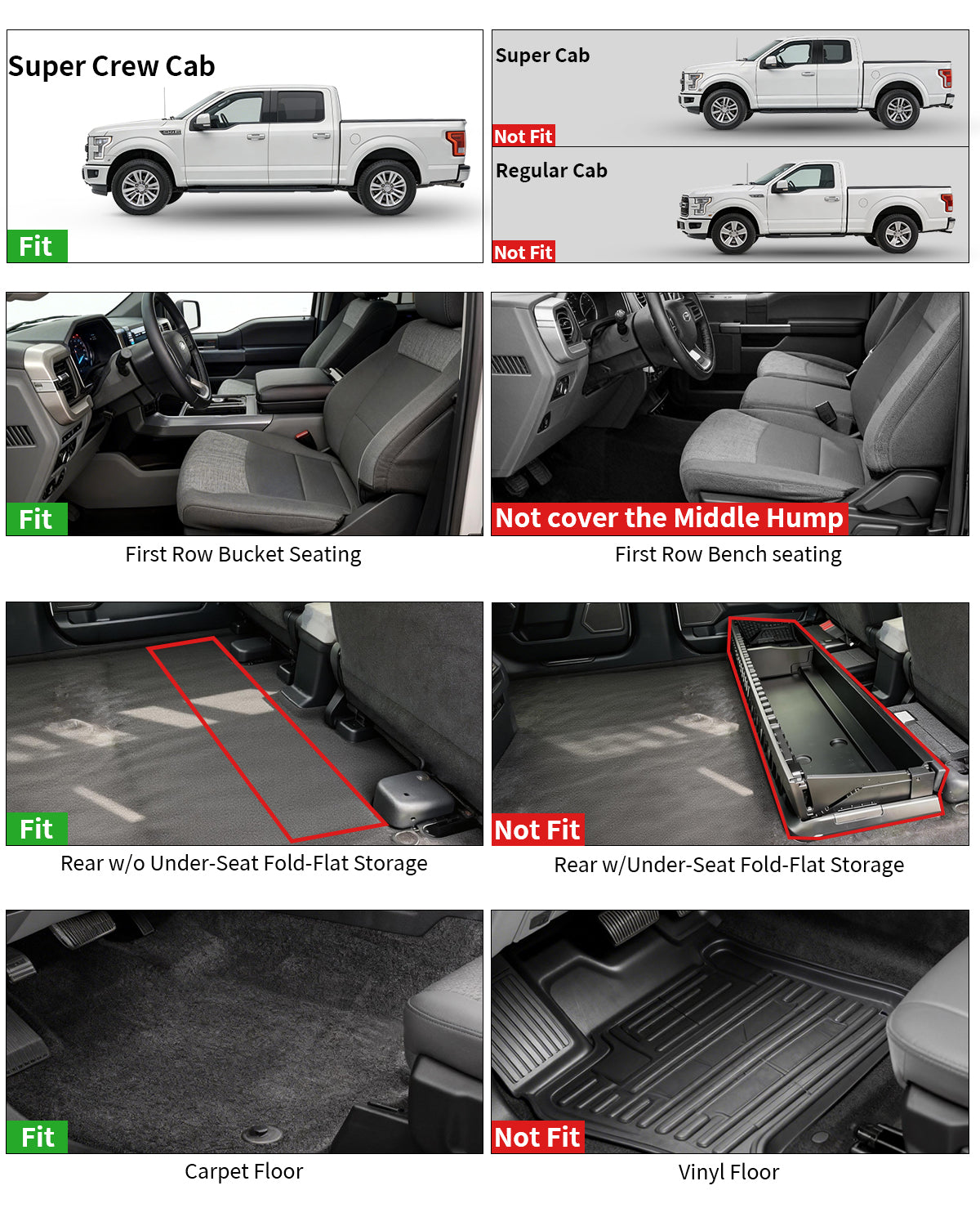 Umbrauto All Weather Floor Mats for Ford F150 SuperCrew 2015-2025 2026 &amp; Lightning 2022-2026, Custom Fit TPE Truck Floor Liners, Waterproof Heavy Duty Full Coverage, Rear w/o Fold Flat Storage