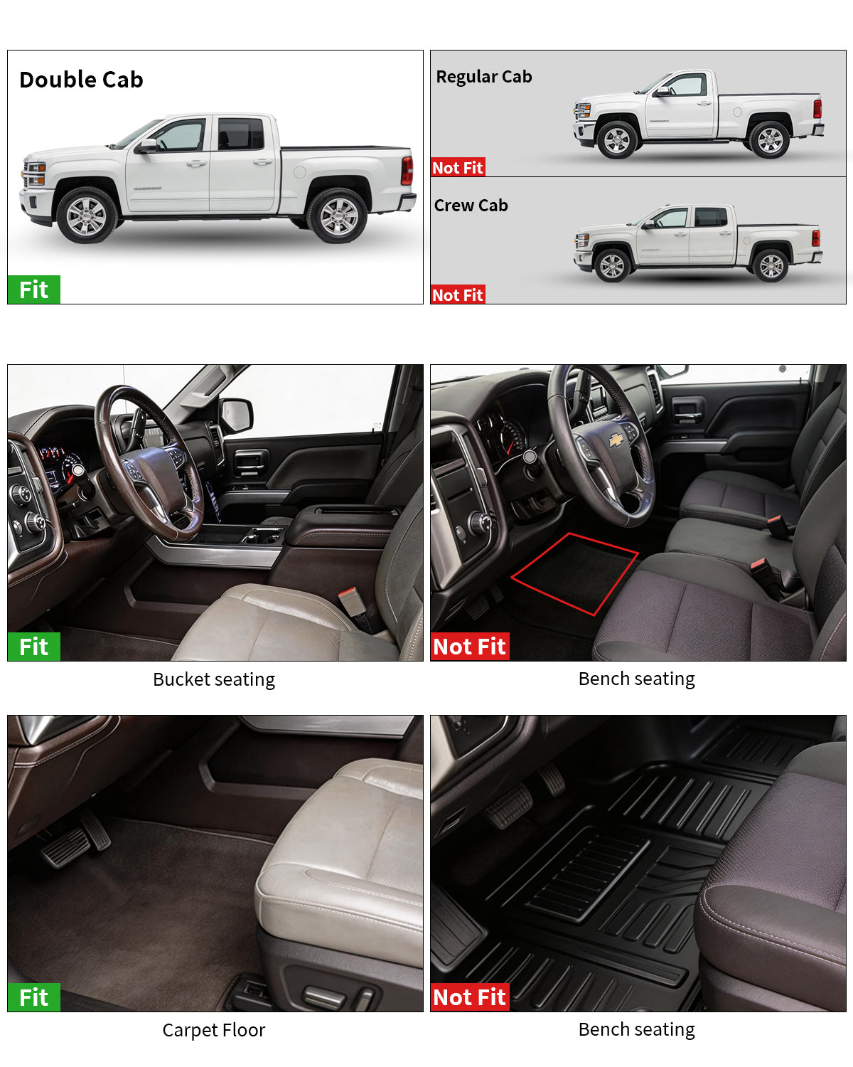 Umbrauto Custom Fit Floor Mats for Chevy Silverado/GMC Sierra Double Cab 1500 2014-2018, 2500HD/3500HD 2015-2019, All Weather TPE Truck Floor Liners for Carpet Floor, Front&amp;Rear Row, Footwell Coverage