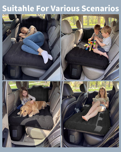 Umbrauto Back Seat Car Air Mattress with Built-in Rechargeable Pump: Cordless Inflatable Car Bed for Rear Seat Camping, 1-Click Fast Setup Thickened Flocking Sleeping Pad for Sedan, Truck &amp; SUV