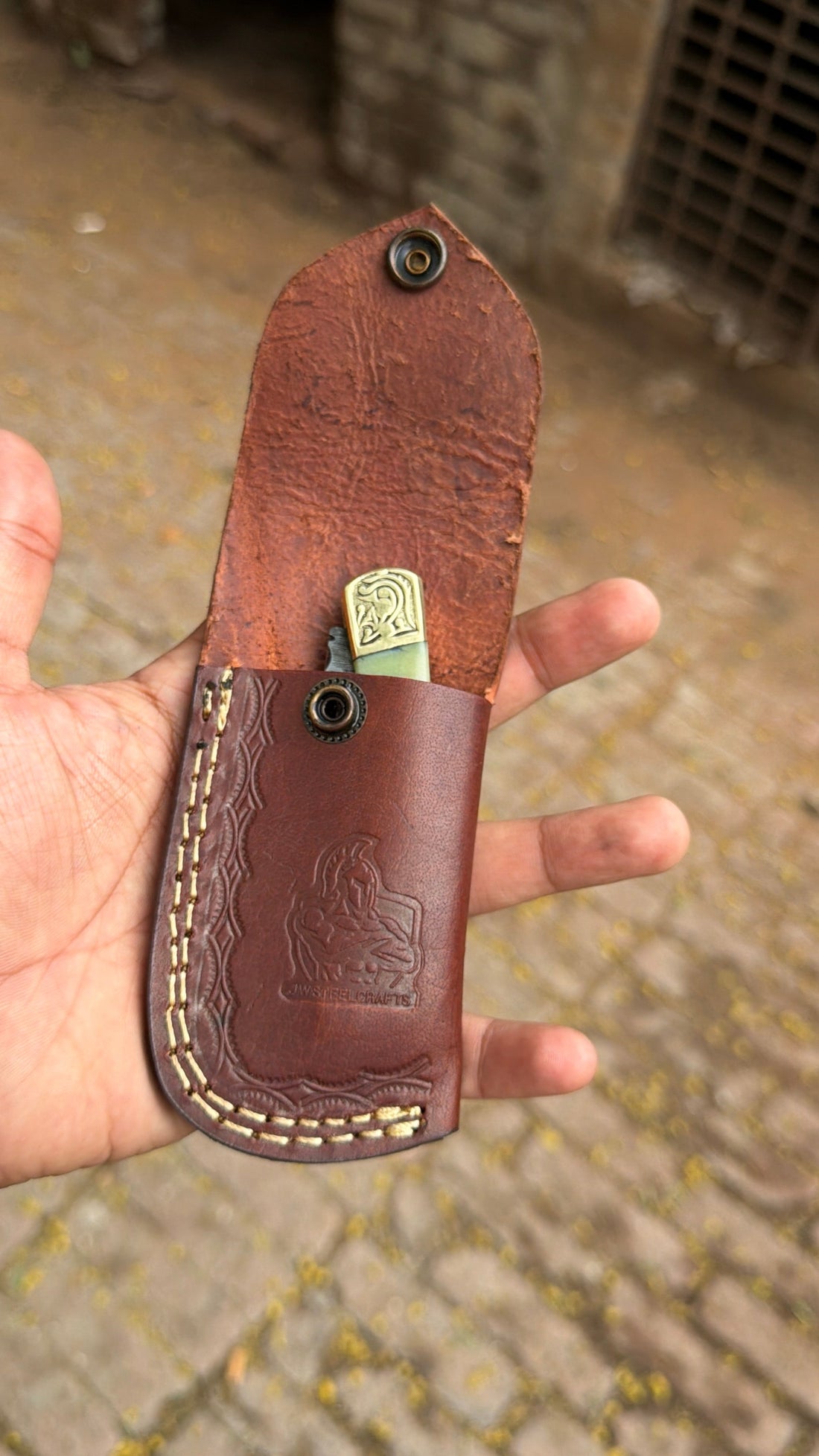 Handmade Damascus Steel Folding Pocket Knife with Bone Handle &amp; Engraved Brass Bolsters