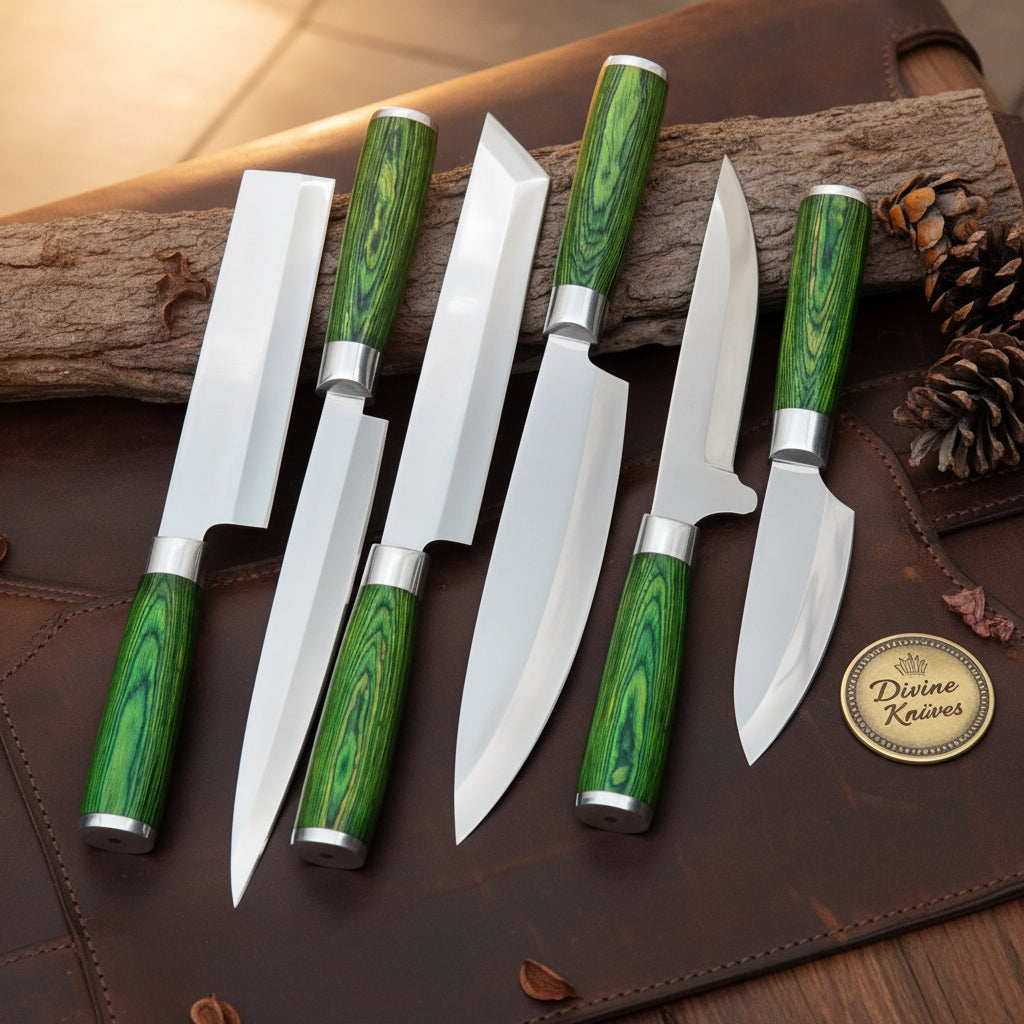 Green Pakkawood Japanese Chef Knife Set with Carbon Steel Blades