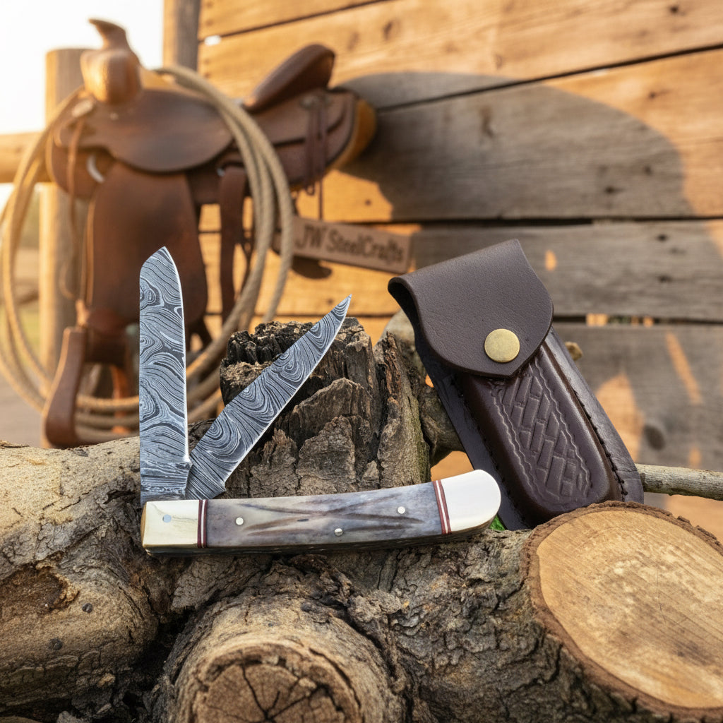 Damascus Steel Trapper Knife 4" with Bone Handle, Folding Pocket Knife