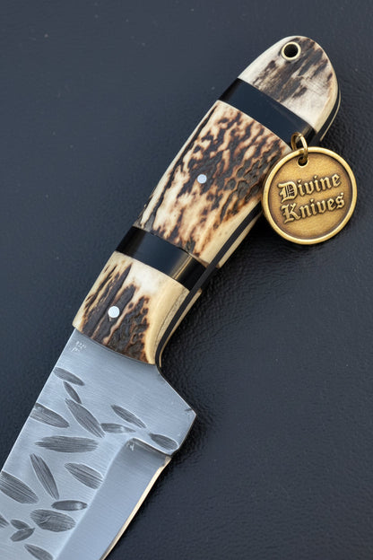 Stag Horn Cowboy Hunter Knife with Leaf Textured Spine