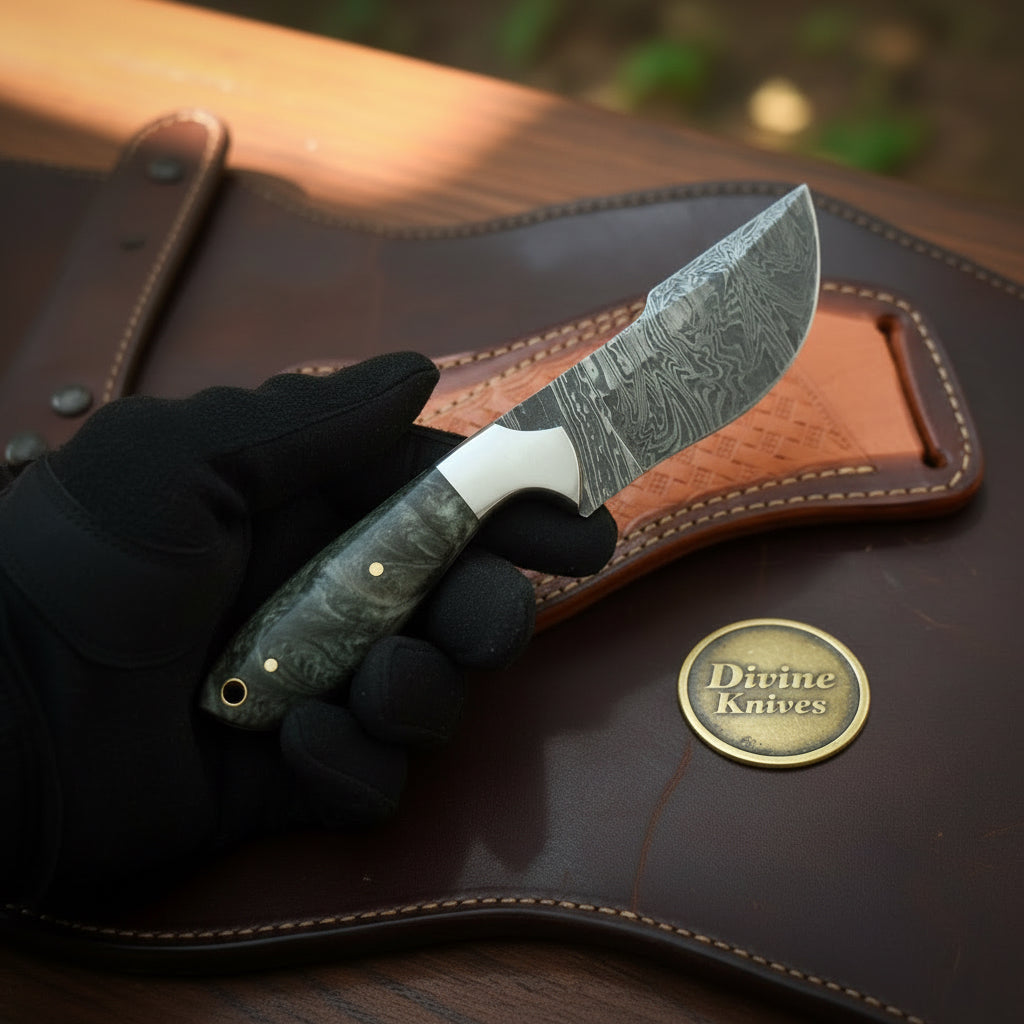 Damascus Charcoal Burl Resin Cowboy Knife with Wood Grain Blade