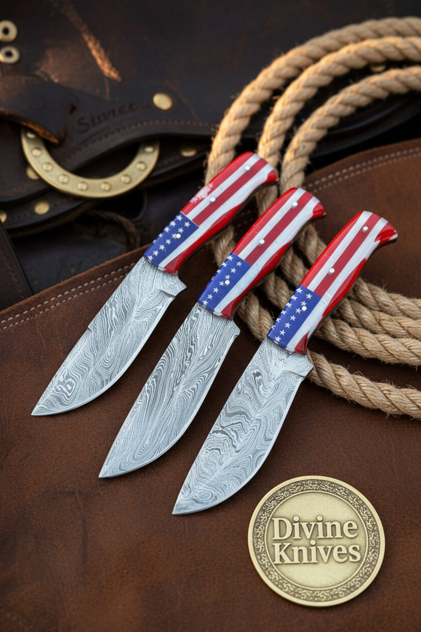 Damascus Skinner Knife Set with American Flag Handles (Set of 3)