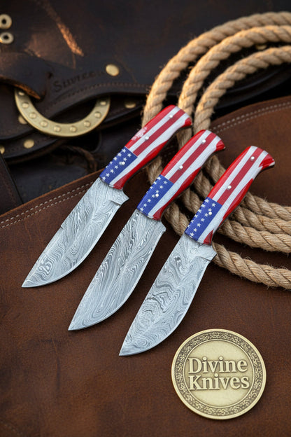 Damascus Skinner Knife Set with American Flag Handles (Set of 3)