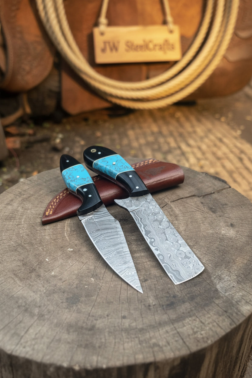 Handmade Damascus Skinner 7”–8” Knife Set Cowboy Ranch Blades Turquoise Handle with Sheath