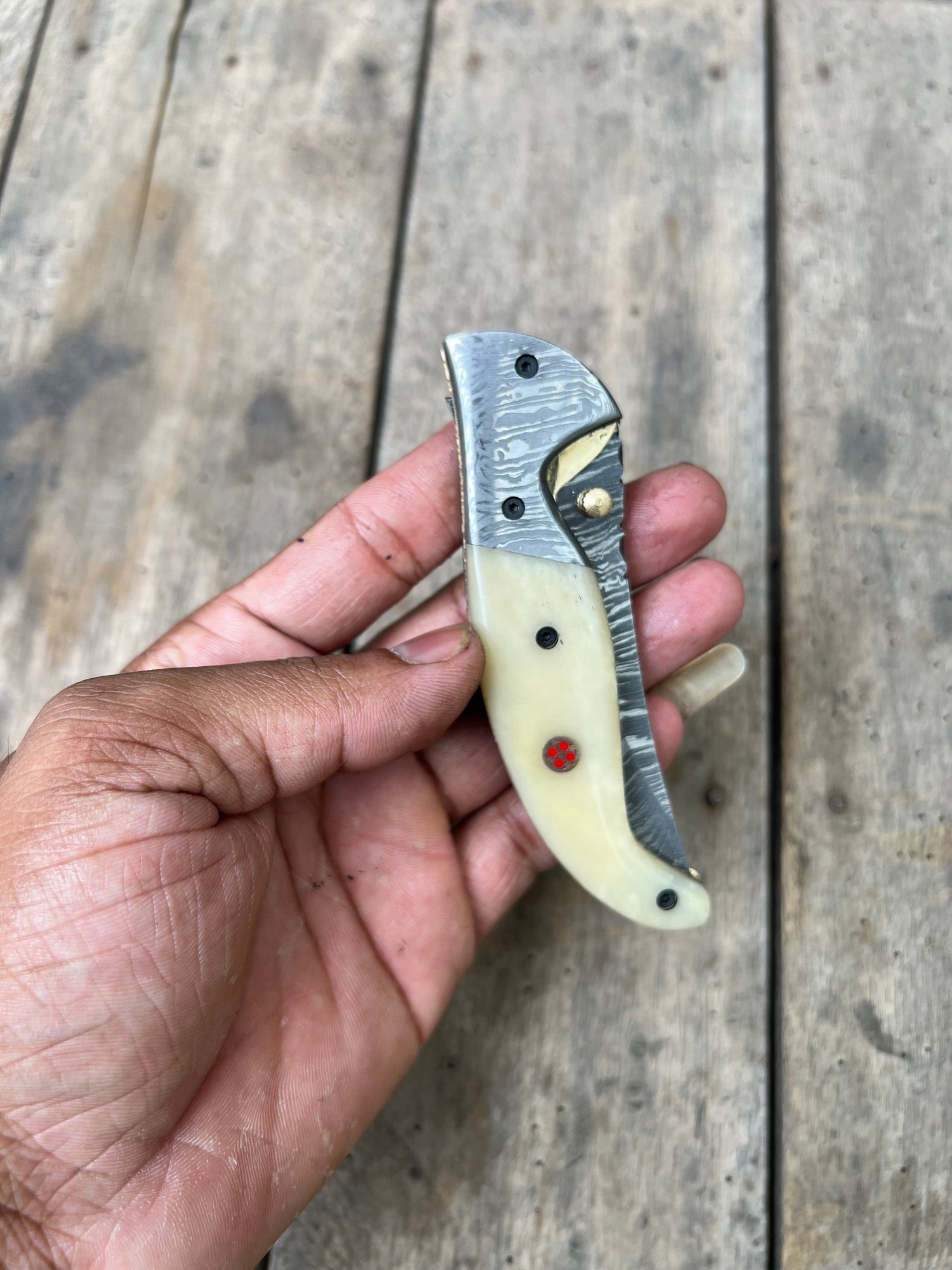 Handmade Damascus Folding Knife with Bone Handle – Compact EDC Pocket Knife with Leather Sheath