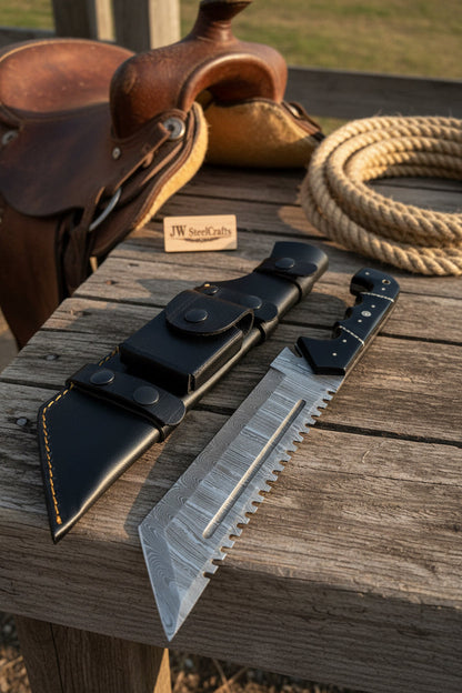 Handmade Damascus Tracker Knife 12” Sawback Blade Survival Knife Black resin Handle &amp; Sheath