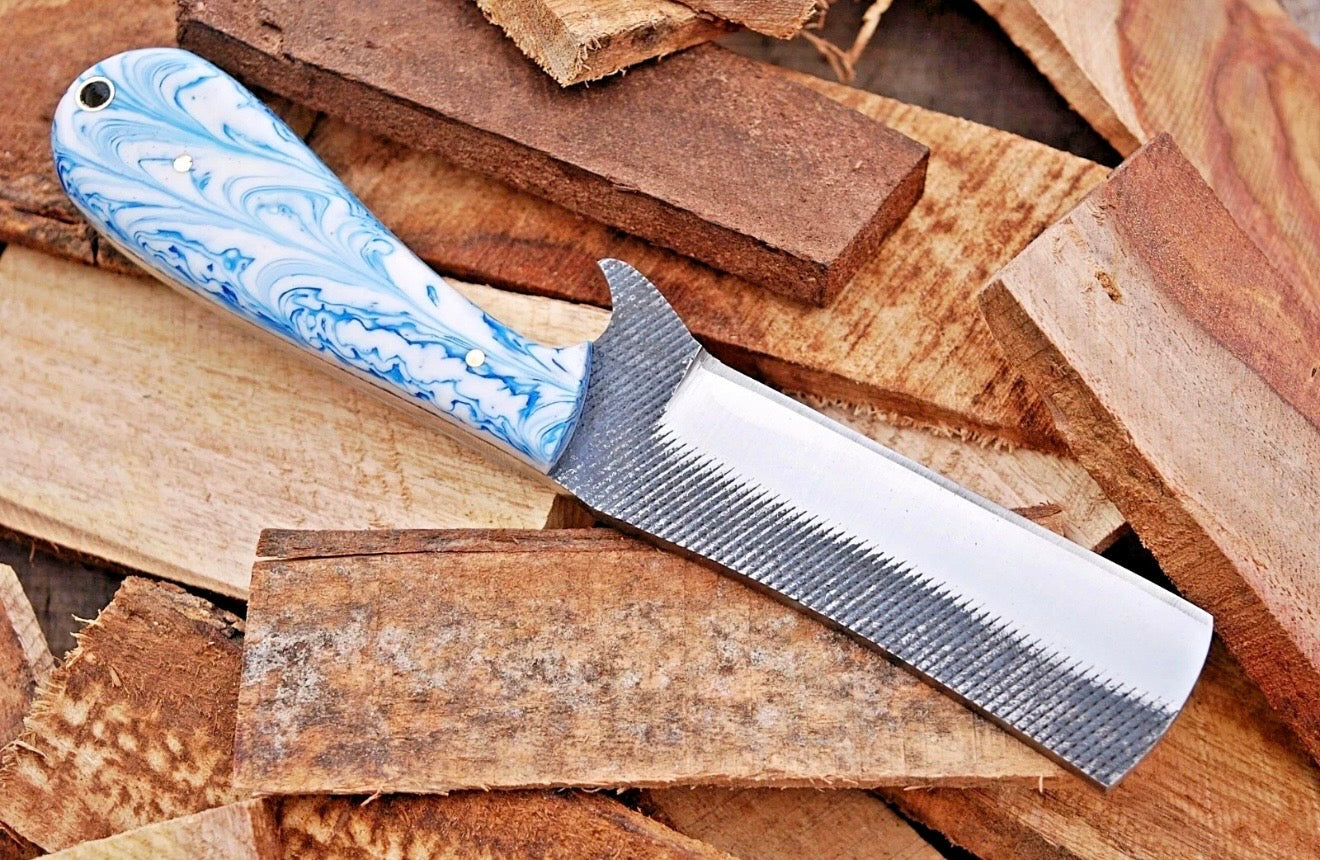 Blue Swirl Resin Handle Bull Cutter Knife for Ranch Chores and Gifting