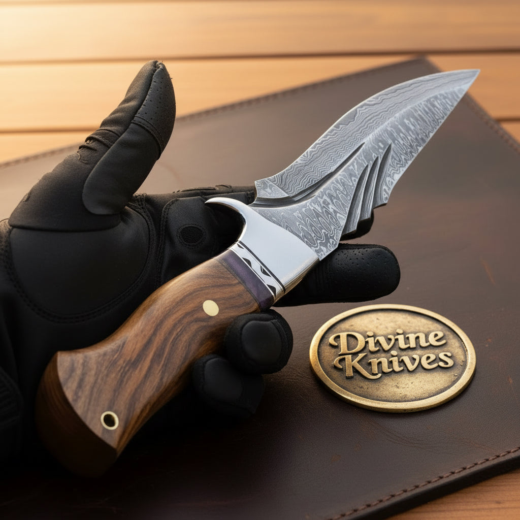 Shark Rosewood Bobcat Hunter with Damascus Blade and Curved Profile