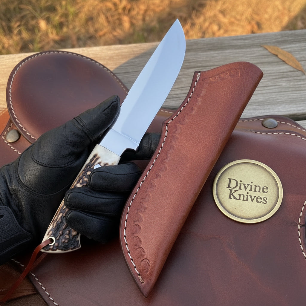 Stag Horn Drop Point Hunting Knife with Leather Sheath