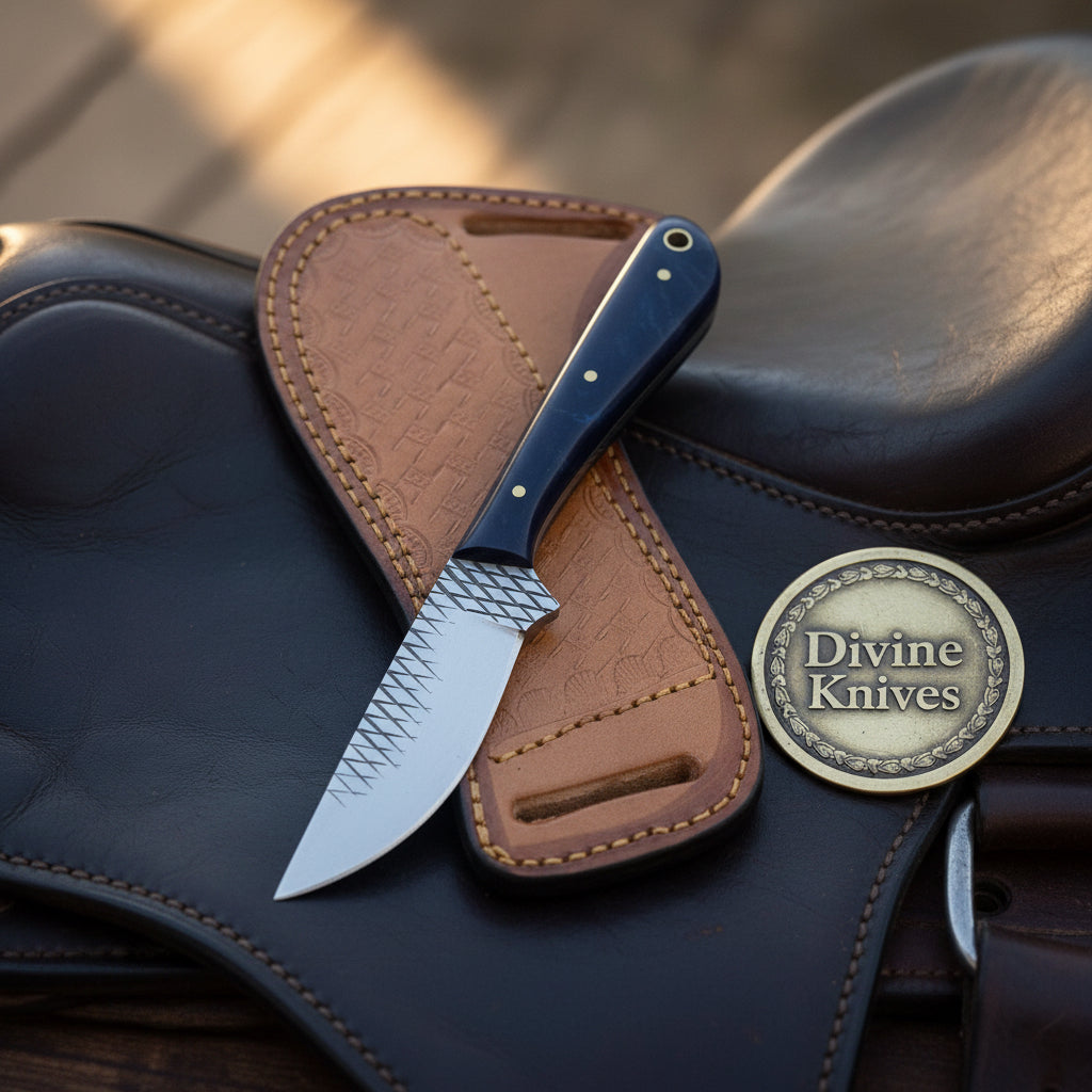 Blue Swirl Resin Rasp Cowboy Knife with Curved Rasp-Style Blade