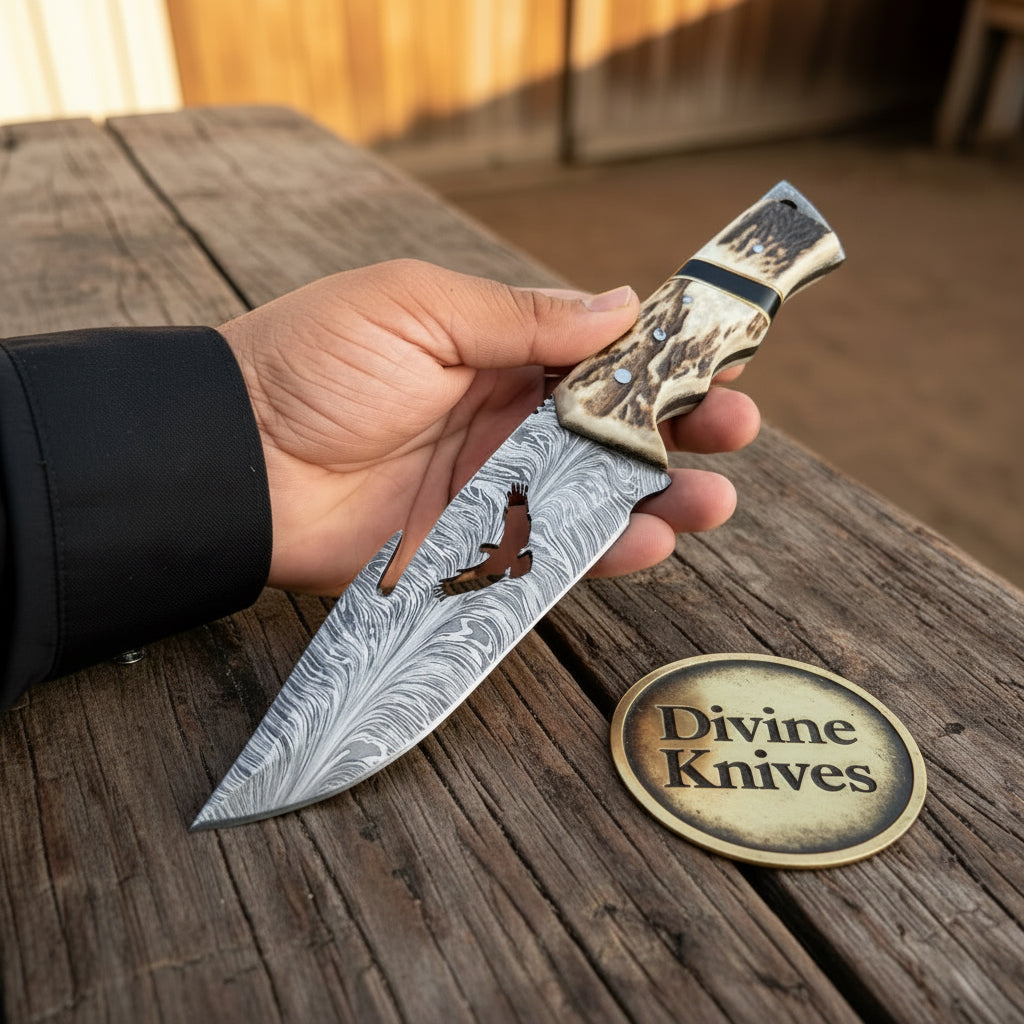Eagle Cutout Damascus Hunter with Bird Silhouette and Stag Handle