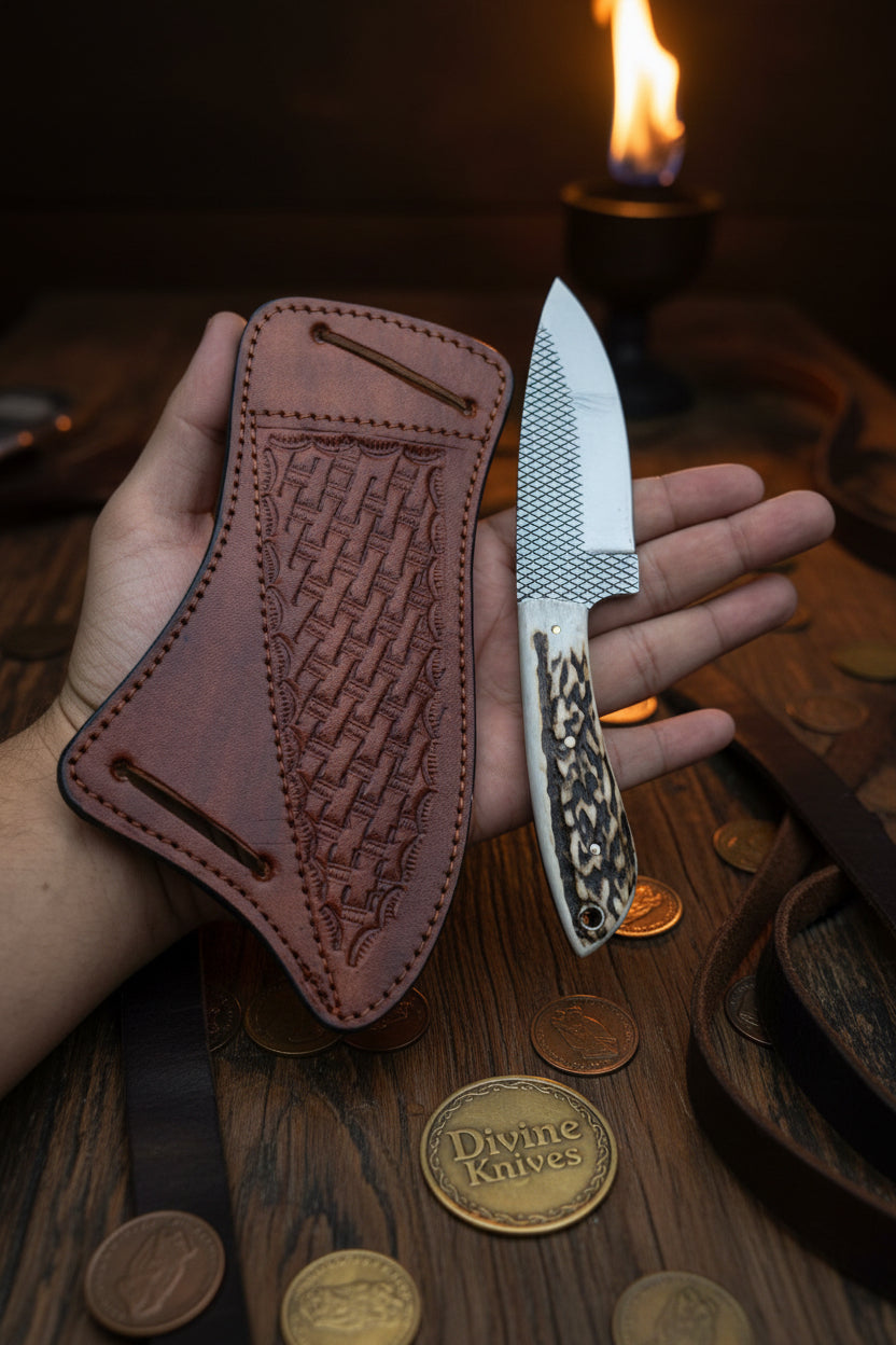 Stag Horn Rasp Skinner Knife with Included Tooled Sheath