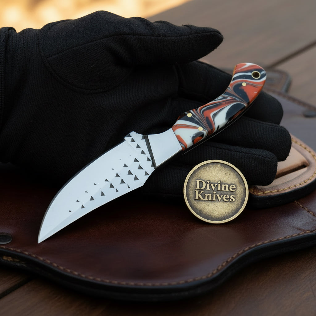 Orange Marble Resin Cowboy Belt Knife with Rasp-Style Blade