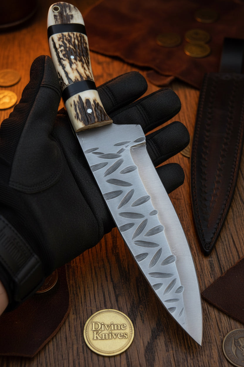 Stag Horn Cowboy Hunter Knife with Leaf Textured Spine