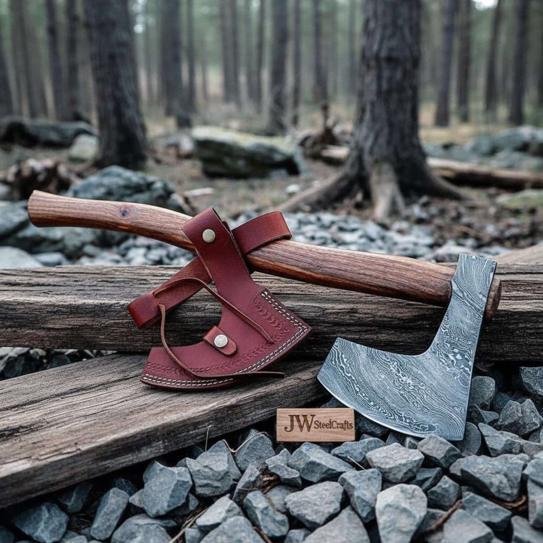 Hand-forged Damascus Bearded Axe for Bushcraft &amp; Trail Work