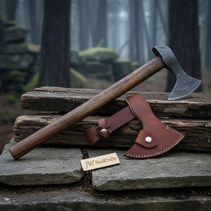 Hand Forged Damascus Steel Viking Axe – True Layered Bearded Axe with Hardwood Handle &amp; Leather Sheath | JW SteelCrafts