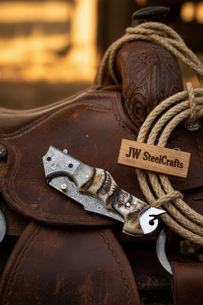 Damascus Grizzly Claw Pocket Knife with Stag Horn Handle