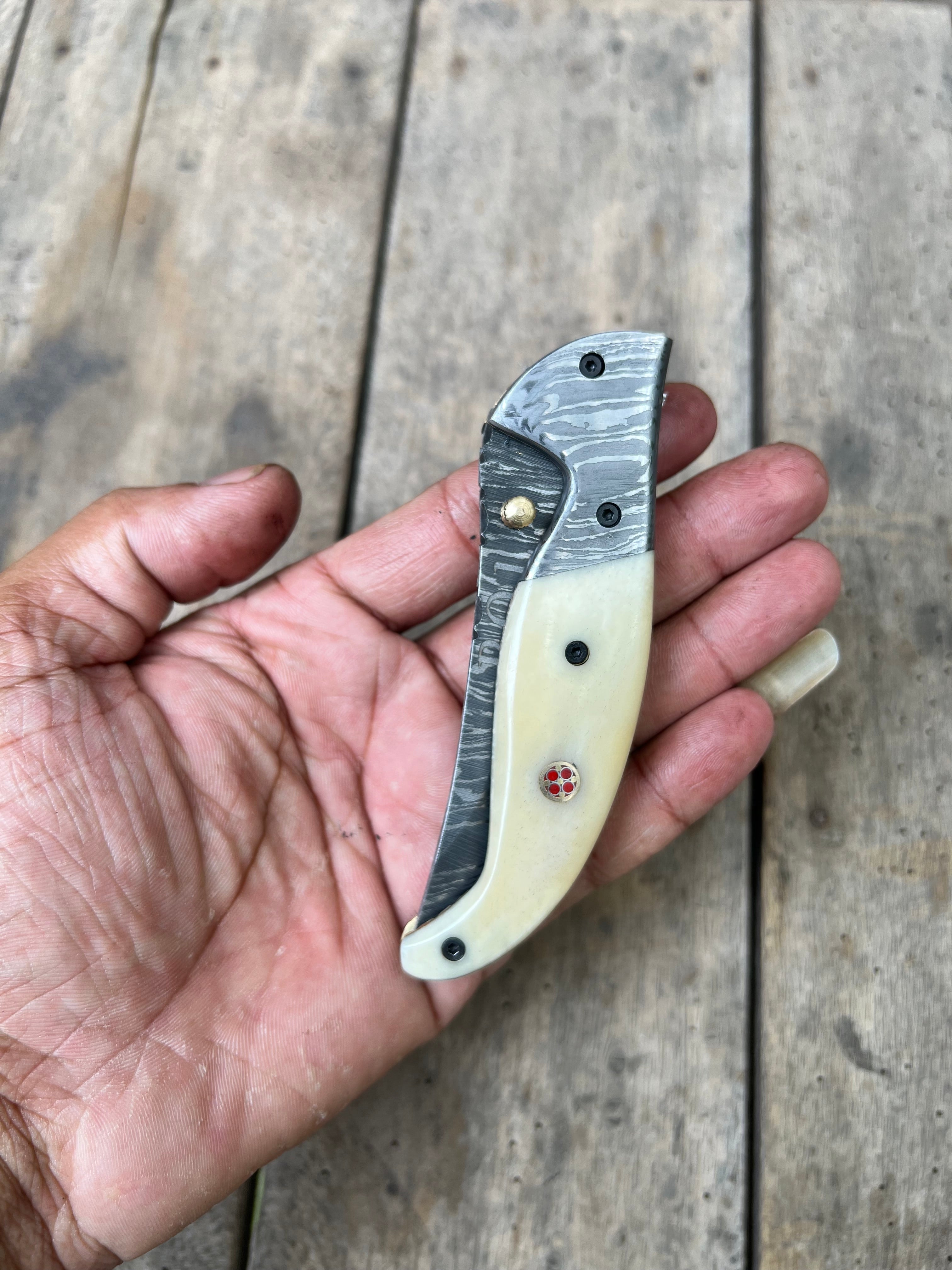 Handmade Damascus Folding Knife with Bone Handle – Compact EDC Pocket Knife with Leather Sheath