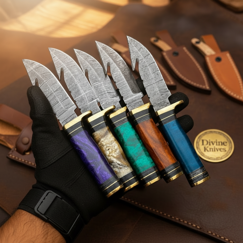 Damascus Gut Hook Skinner Lot with Assorted Color Handles
