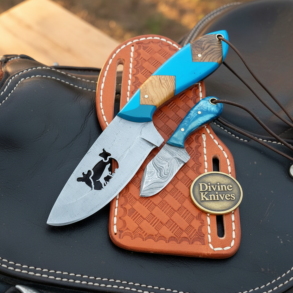 Cattle Engraved Drop Point Knife with Blue Resin &amp; Wood Inlay for Field Dressing Tasks