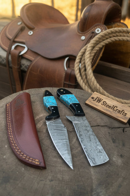 Handmade Damascus Skinner 7”–8” Knife Set Cowboy Ranch Blades Turquoise Handle with Sheath