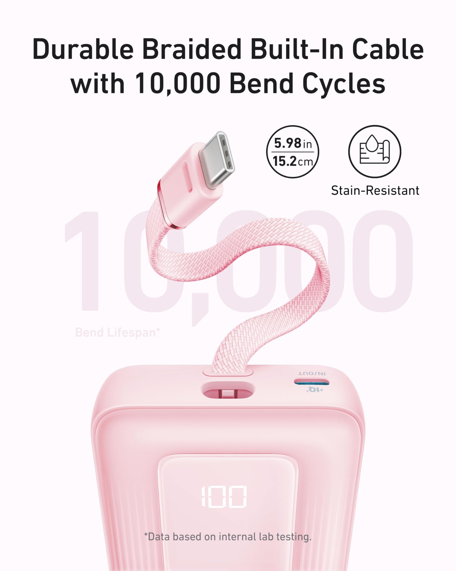 Anker Zolo Power Bank (10K, 30W) with a 5.4-inch (13.7 cm) built-in USB-C cable.