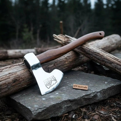 Hand Forged Damascus Steel Viking Axe – Bearded Camping Hatchet with Hardwood Handle &amp; Leather Sheath | JW SteelCrafts