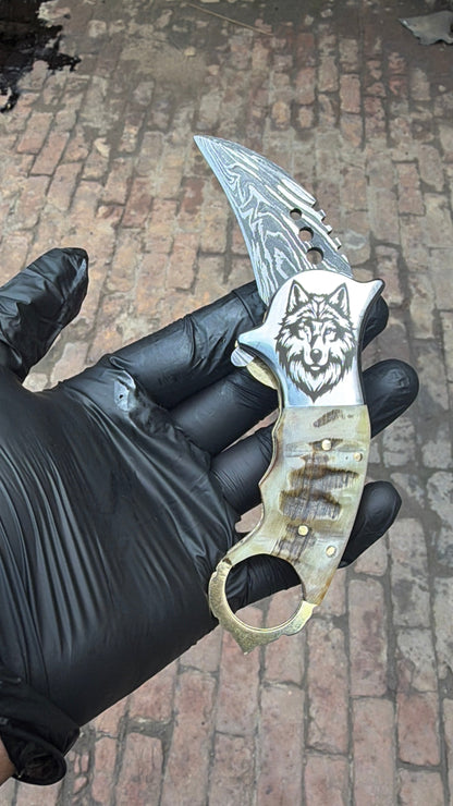 Wolf Claw Damascus Folding Karambit with Engraved Wolf Bolster&amp;nbsp;