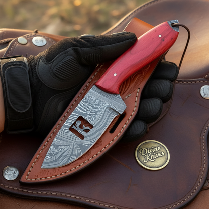 Cowboy Silhouette Skinner Knife with Red Pakkawood Handle for Hunters and Outdoor Users