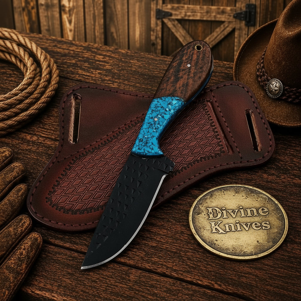 Turquoise Trail Rasp Cowboy Knife with Black Etched Blade