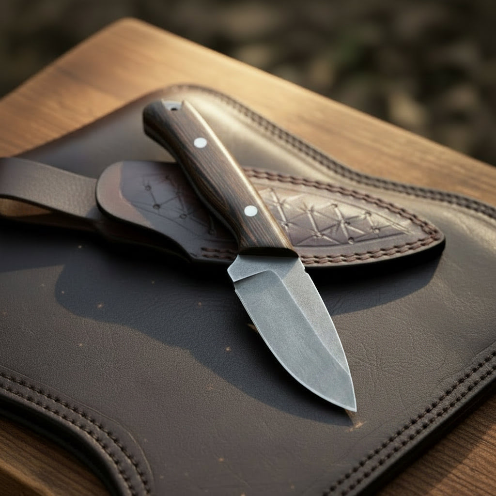 D2 Drop Point Walnut Bushcraft Knife with Leather Sheath