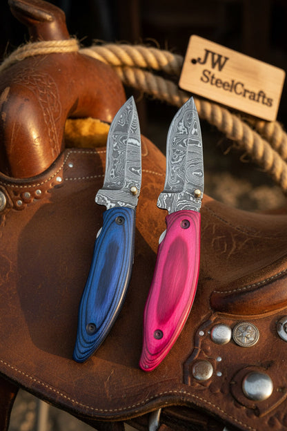 Persian Damascus Folding Knife Set 7” opened Pink &amp; Blue Pakka Wood EDC Blades
