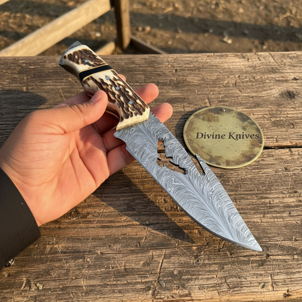 Eagle Cutout Damascus Hunter with Bird Silhouette and Stag Handle