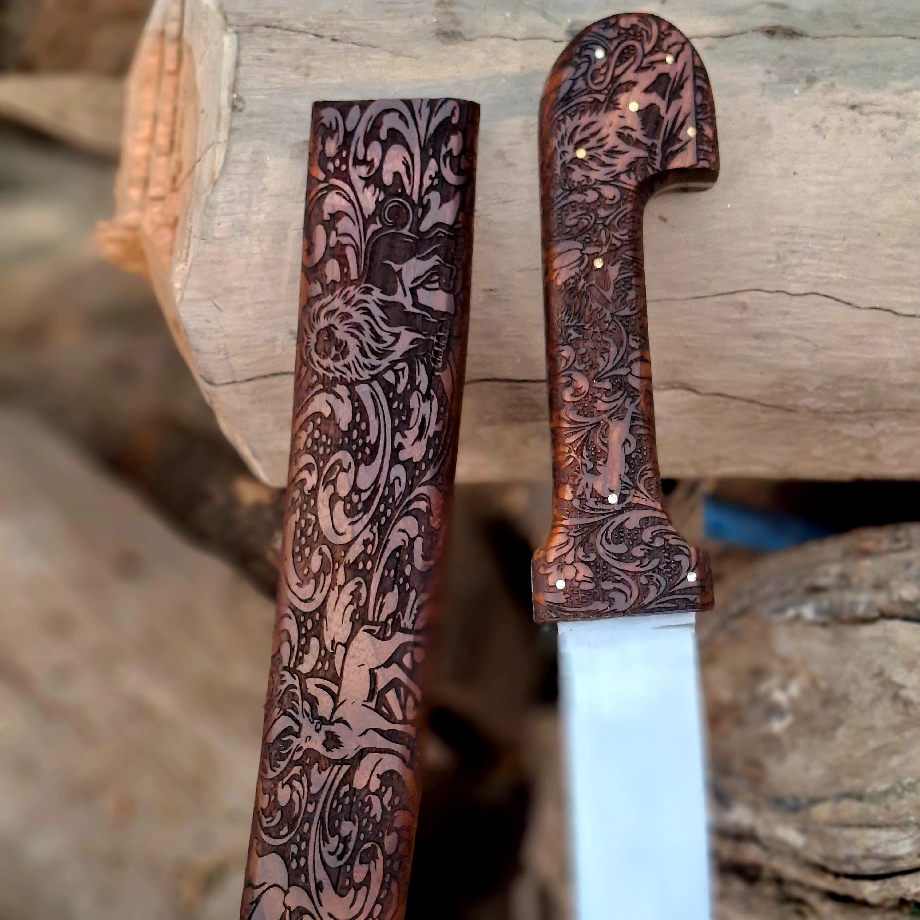 Bone Handle Damascus Knife with Handcrafted Tooled Sheath