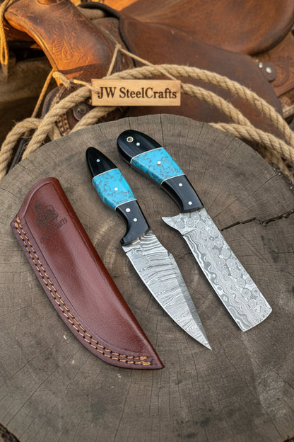 Handmade Damascus Skinner 7”–8” Knife Set Cowboy Ranch Blades Turquoise Handle with Sheath