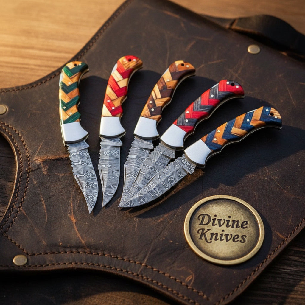 Damascus Chevron Wood Pocket Knife Set for Everyday Carry
