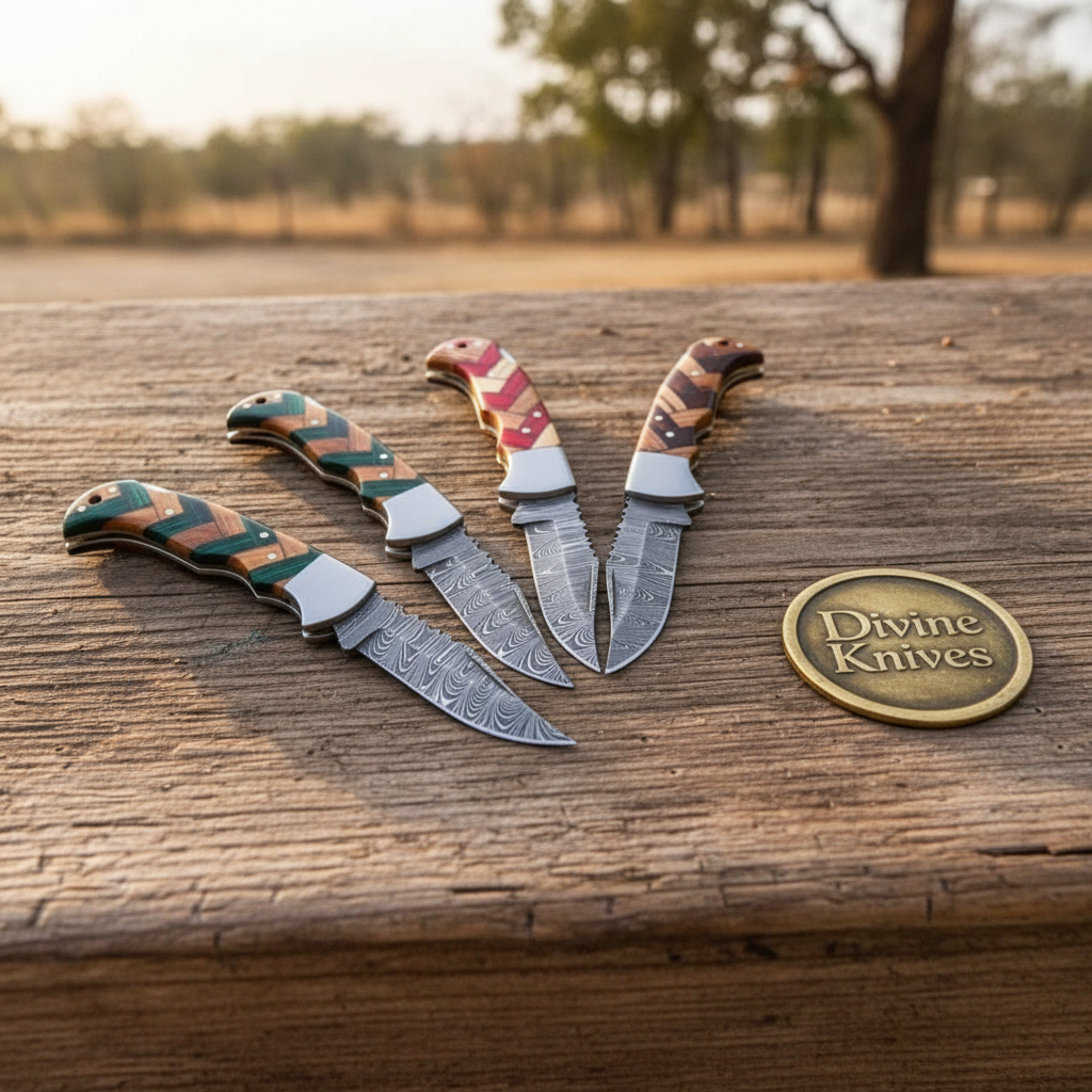 Damascus Chevron Wood Pocket Knife Set for Everyday Carry